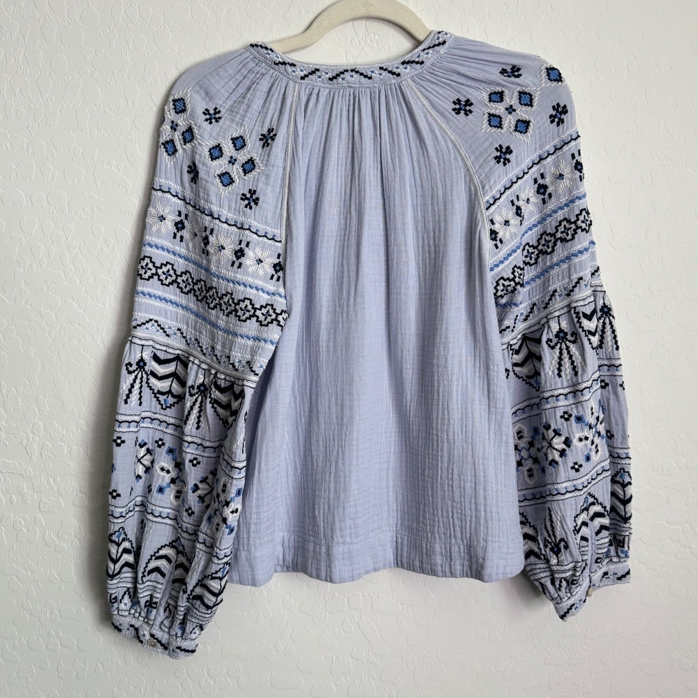 Sundance Blue Embroidered Cotton Gauze Peasant Blouse Balloon Sleeve PXS Boho - Picture 9 of 10